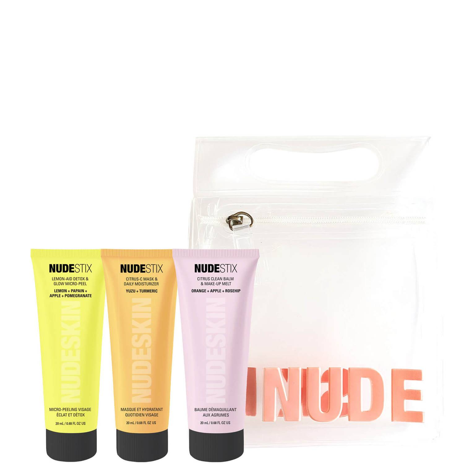3-stegs Citrus Renew Set Nudestix: Lemon-Aid Detox & Glow, Parabenfri, Mot Matt Hud, Peelinglotion, 20 ml + Nudeskin Citrus-C, Återfuktande, Krämmask, För Ansikte, 20 ml + Nudeskin, Citrus, Rengöringsbalsam, För Ansikte, 20 ml