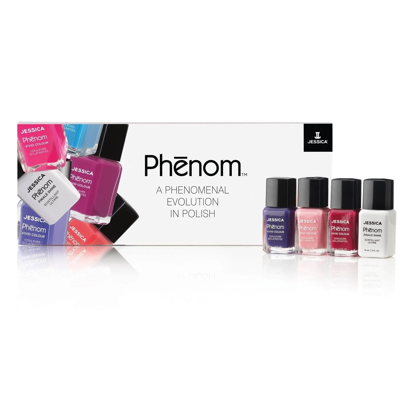 A Phenomenal Evolution In Polish Set Jessica: Phenom Vivid Colour, Top Coat, Nail Polish, PHEN-000, Finale Shine, 15 ml + Phenom Vivid Colour, Nail Polish, PHEN-020, Barbie Pink, 14 ml + Phenom Vivid Colour, Nail Polish, PHEN-022, Geisha Girl, 14 ml + ...