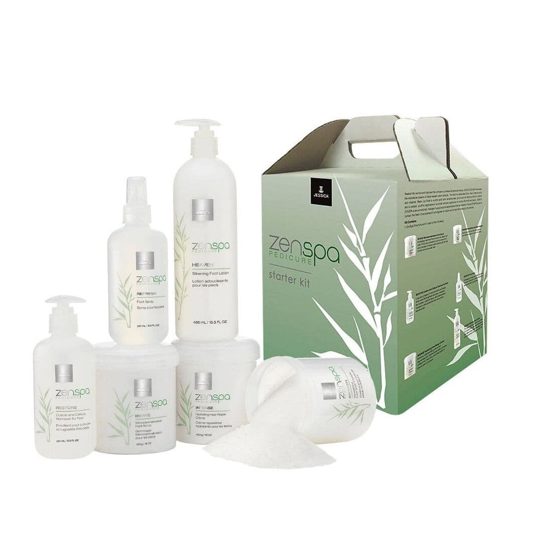 Startpaket Jessica: ZenSpa Revive, vulkanisk pimpsten, exfolierande, fotpeeling, 435 g + ZenSpa Restore, Aloe Vera, nagelbandsborttagningsgel, 251 ml + ZenSpa Intense, Vitamin E, återfuktande, fotkräm, 425 g + ZenSpa Awaken, lugnande, fotbadsalt, 453...