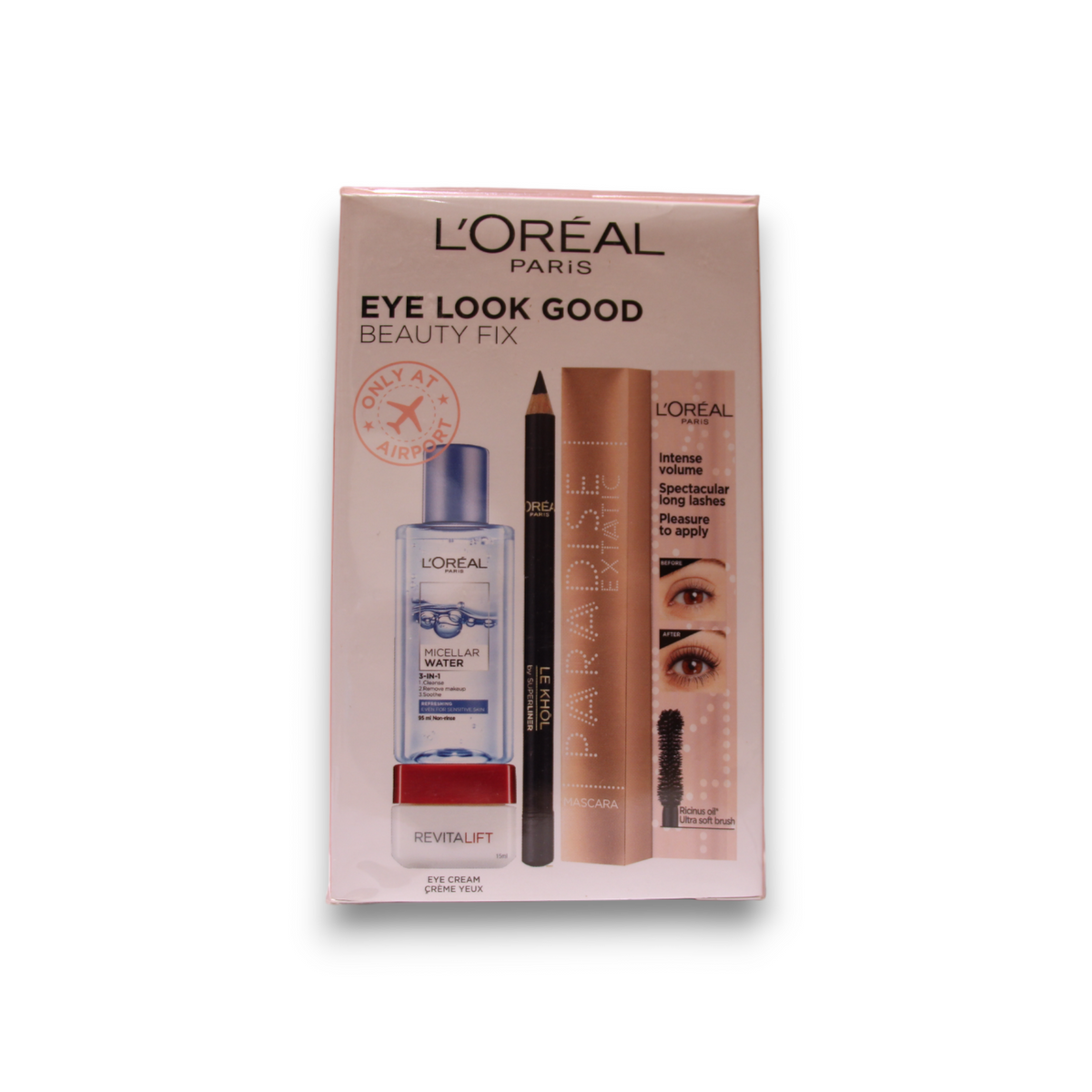 Eye Look Good Beauty Fix Set L'Oreal Paris: L'Oreal Paris, Cleansing, Micellar Water, For All Skin Types, 95 ml + Paradise Extatic, Volumizing, Mascara, Black, 6.4 ml +  Le Khol By Superliner, Kohl Eyeliner, 101, Midnight Black, 1.2 g + Revitalift, Ant...