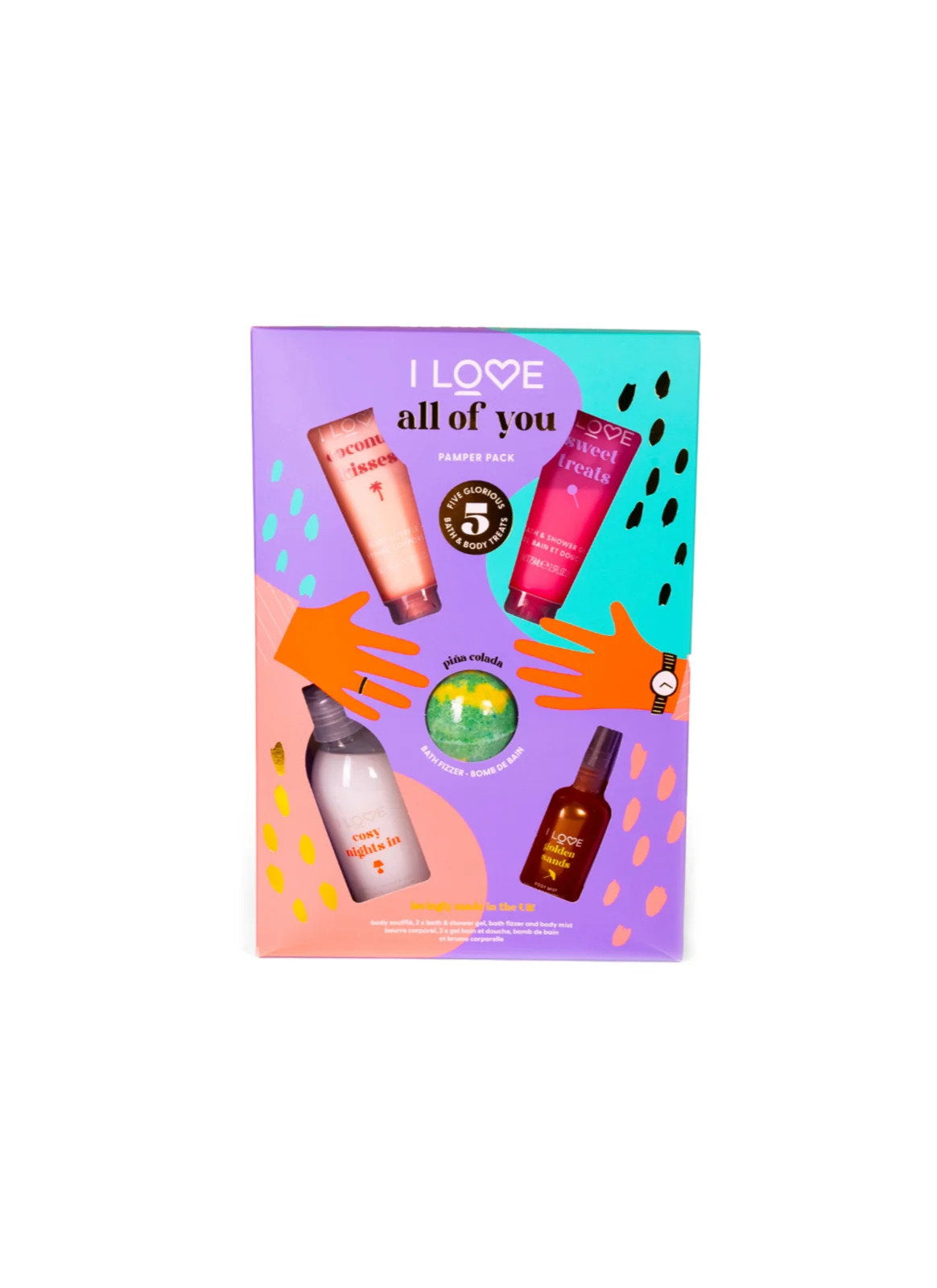 All Of You Set I Love: Coconut Kisses, Hydrating, Body Lotion, 75 ml + Pina Colada , Bath Bomb, 120 g + Golden Sands, Refreshing, Body Spray, 100 ml + Sweet Treats, Hydrating, Shower Gel, For All Skin Types, 75 ml + Cosy Night's, Hydrating, Shower Gel,...