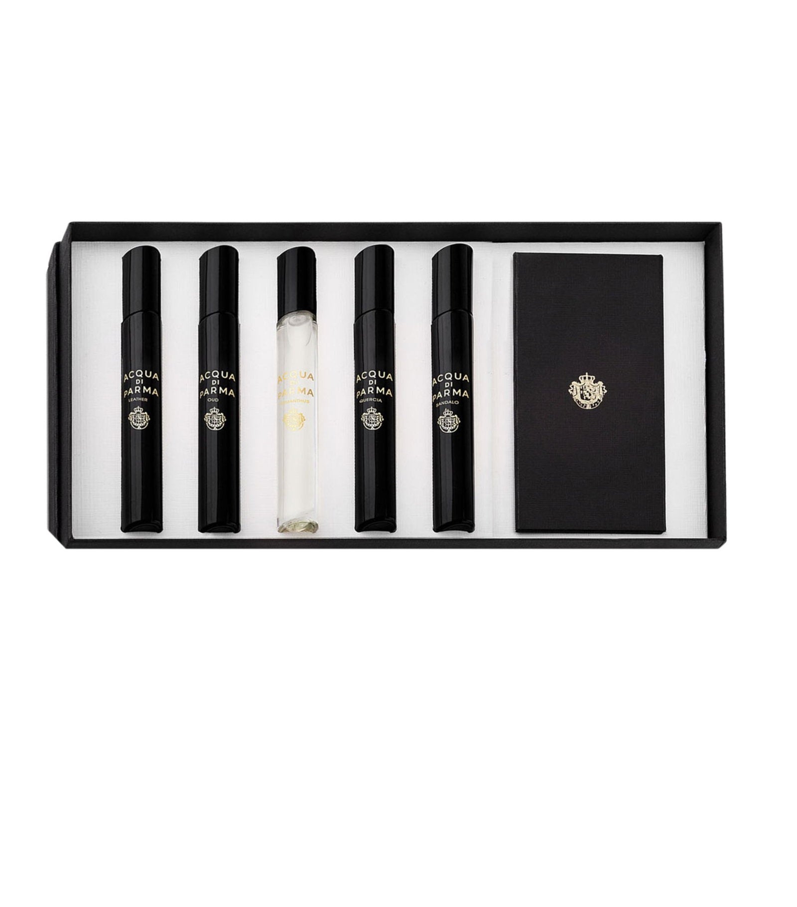 Set Acqua di Parma: Signatures Of The Sun - Leather, Eau De Parfum, For Men, 7 ml + Signatures Of The Sun - Oud, Eau De Parfum, For Men, 7 ml + Signatures Of The Sun - Osmanthus, Eau De Parfum, For Men, 7 ml + Signatures Of The Sun - Quercia, Eau De Pa...