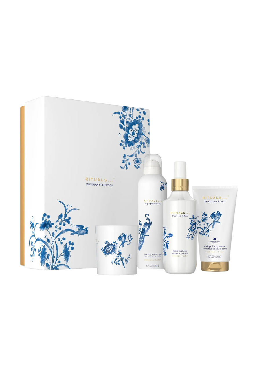 Set Rituals:  Amsterdam Collection, Cleansing, Shower Mousse, 200 ml +  Amsterdam Collection, Hydrating, Body Cream, 150 ml +  Amsterdam Collection, Scented Candle, 140 g +  Amsterdam Collection, Dutch Tulips, Cardamom & Japanese Yuzu, Room Spray, 200 ml