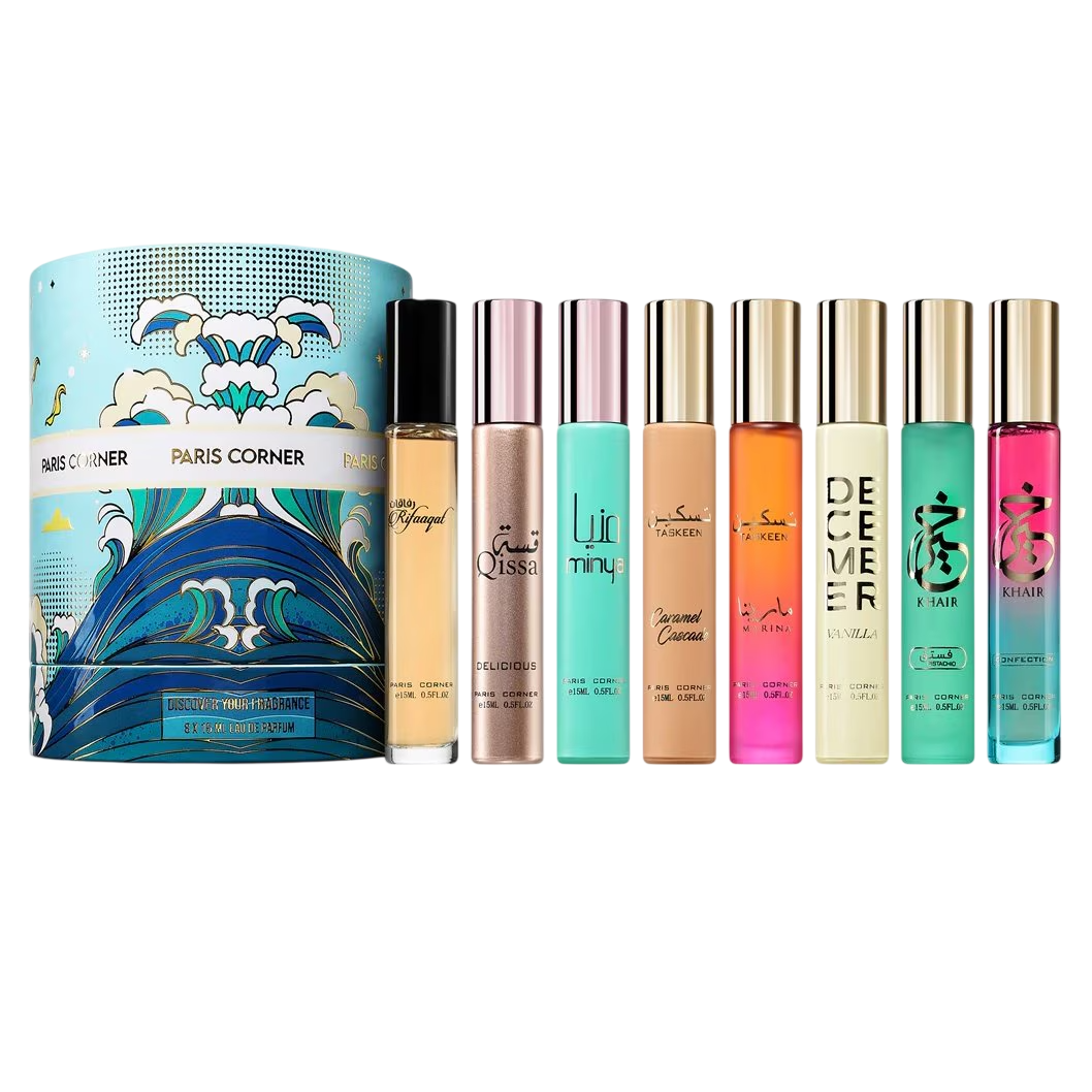 Set Paris Corner: Taskeen Marina, Eau De Parfum, Unisex, 15 ml + Taskeen Caramel Cascade, Eau De Parfum, Unisex, 15 ml + December Vanilla, Eau De Parfum, Unisex, 15 ml + Khair Confection, Eau De Parfum, Unisex, 15 ml + Khair Pistachio, Eau De Parfum, U...