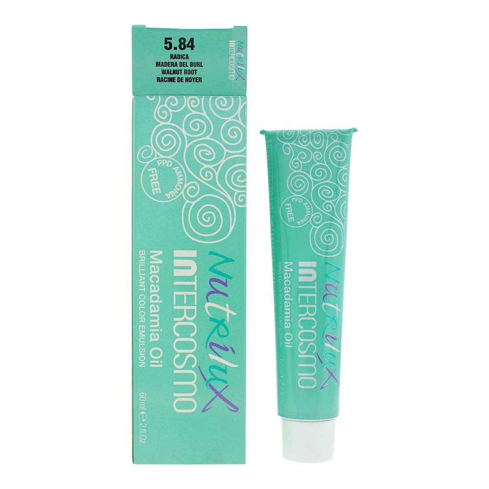 Intercosmo, Nutrilux, Makadamiaolja, Permanent hårfärg, 5.84 Walnut Root, 60 ml