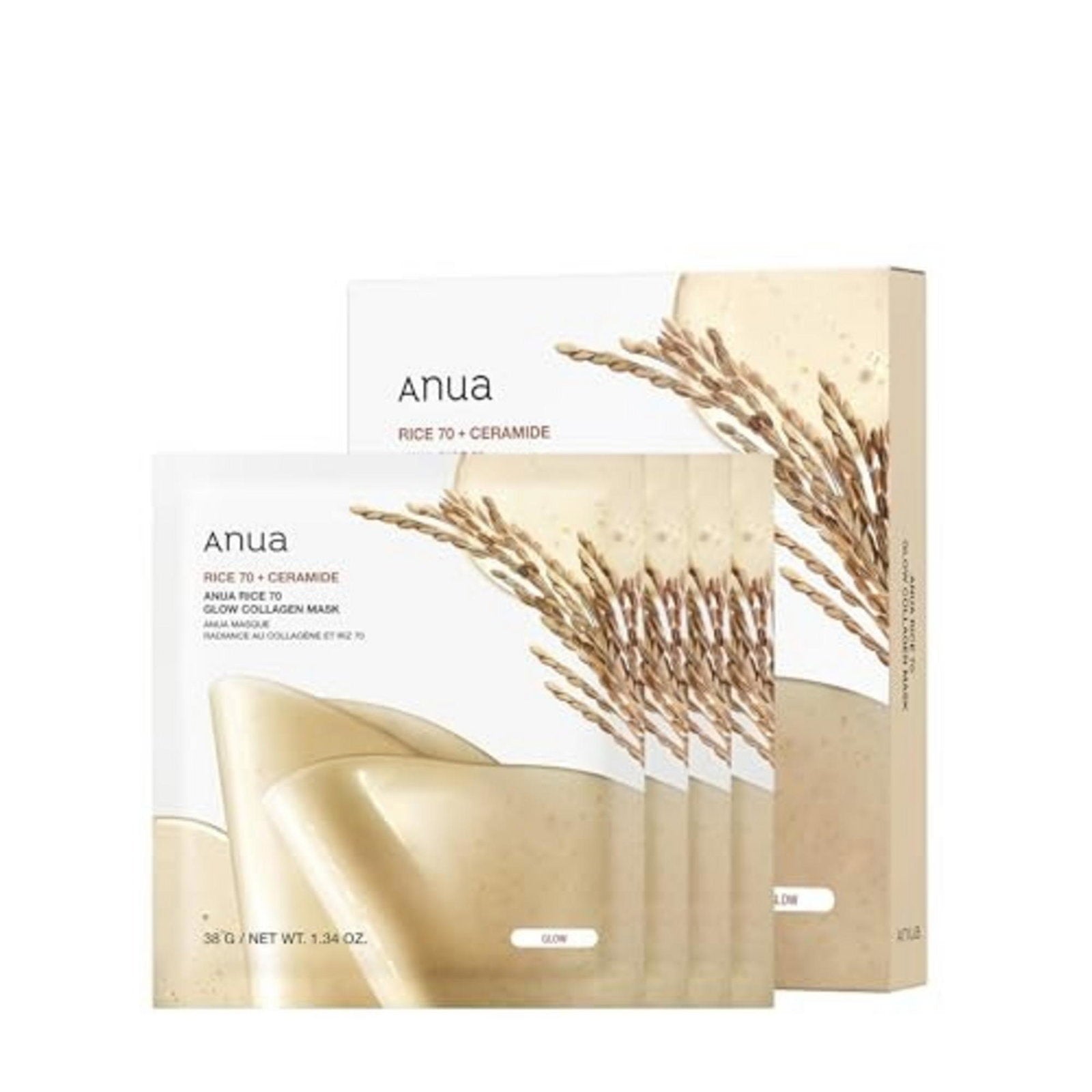Set, Anua, Rice 70 Glow, Kollagen, Glöd, Ansiktsmask, För ansiktet, 4 st, 38 g