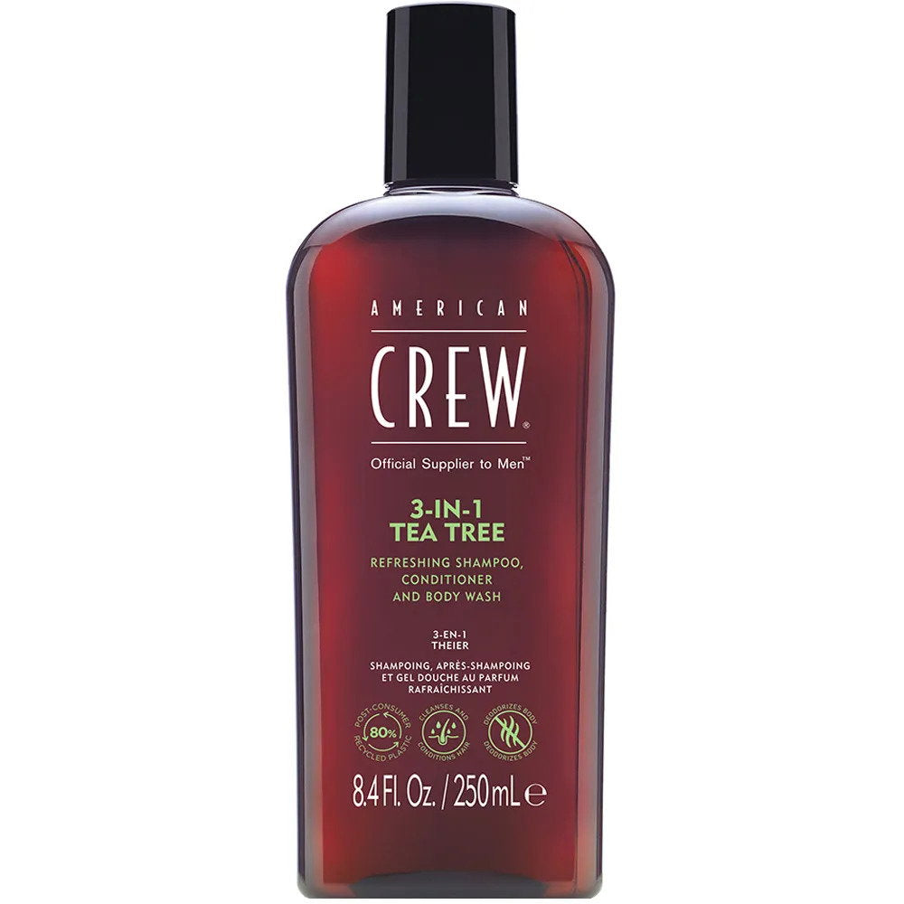 American Crew, 3-In-1 Tea Tree, Tea tree olja, Hårschampo, balsam & duschgel 3-i-1, För återfuktning, 250 ml