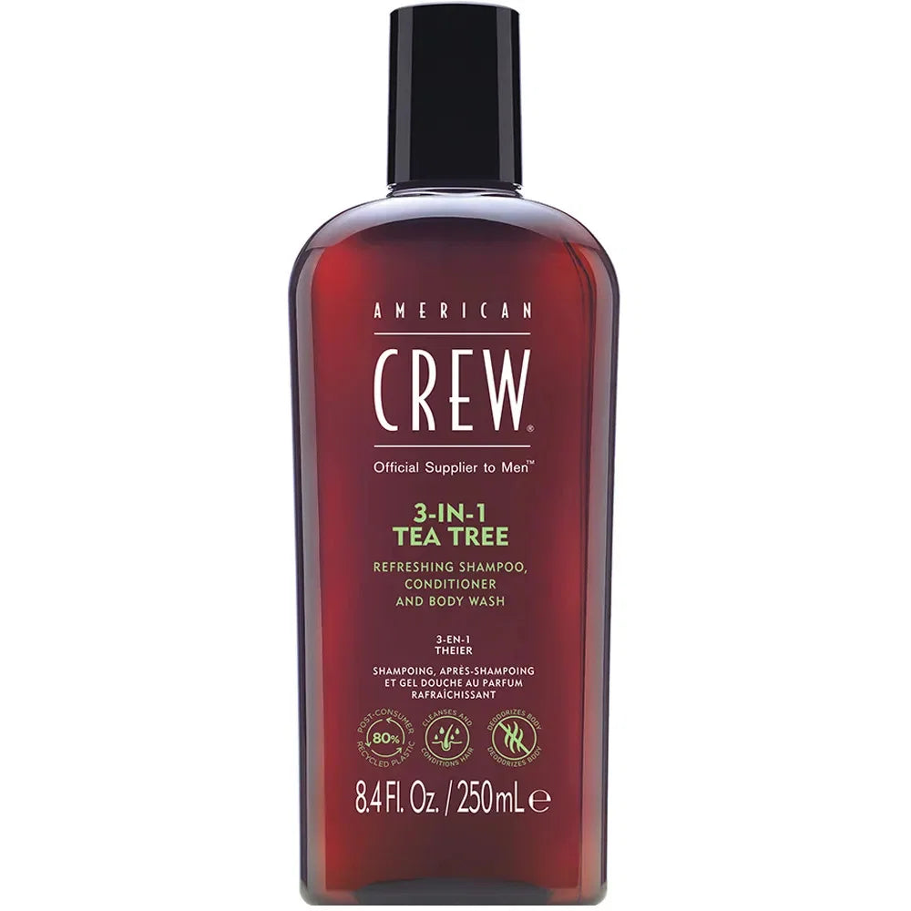 American Crew, 3-In-1 Tea Tree, Tea tree-olja, Hårschampo, balsam & duschgel 3-i-1, För återfuktning, 250 ml