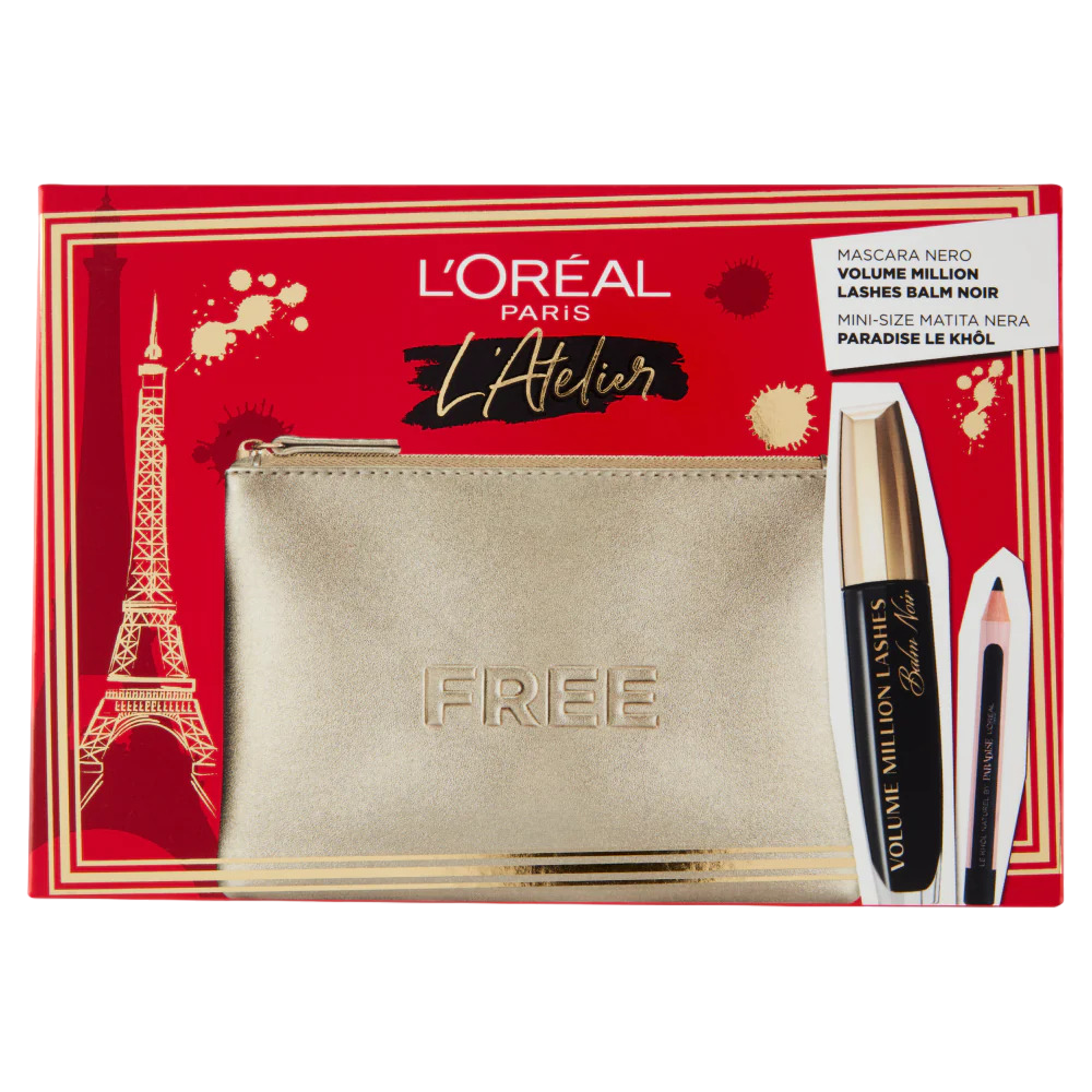 Atelier Kit Set L'Oréal Paris: Volume Million Lashes, Volymgivande & Förlängande, Mascara, Svart, 8,9 ml + Paradise, Kajalögonpenna, 1,2 g + Sminkväska i Textil, Guld