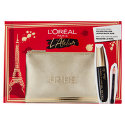Atelier Kit Set L'Oréal Paris: Volume Million Lashes, Volymgivande & Förlängande, Mascara, Svart, 8,9 ml + Paradise, Kajalögonpenna, 1,2 g + Sminkväska i Textil, Guld