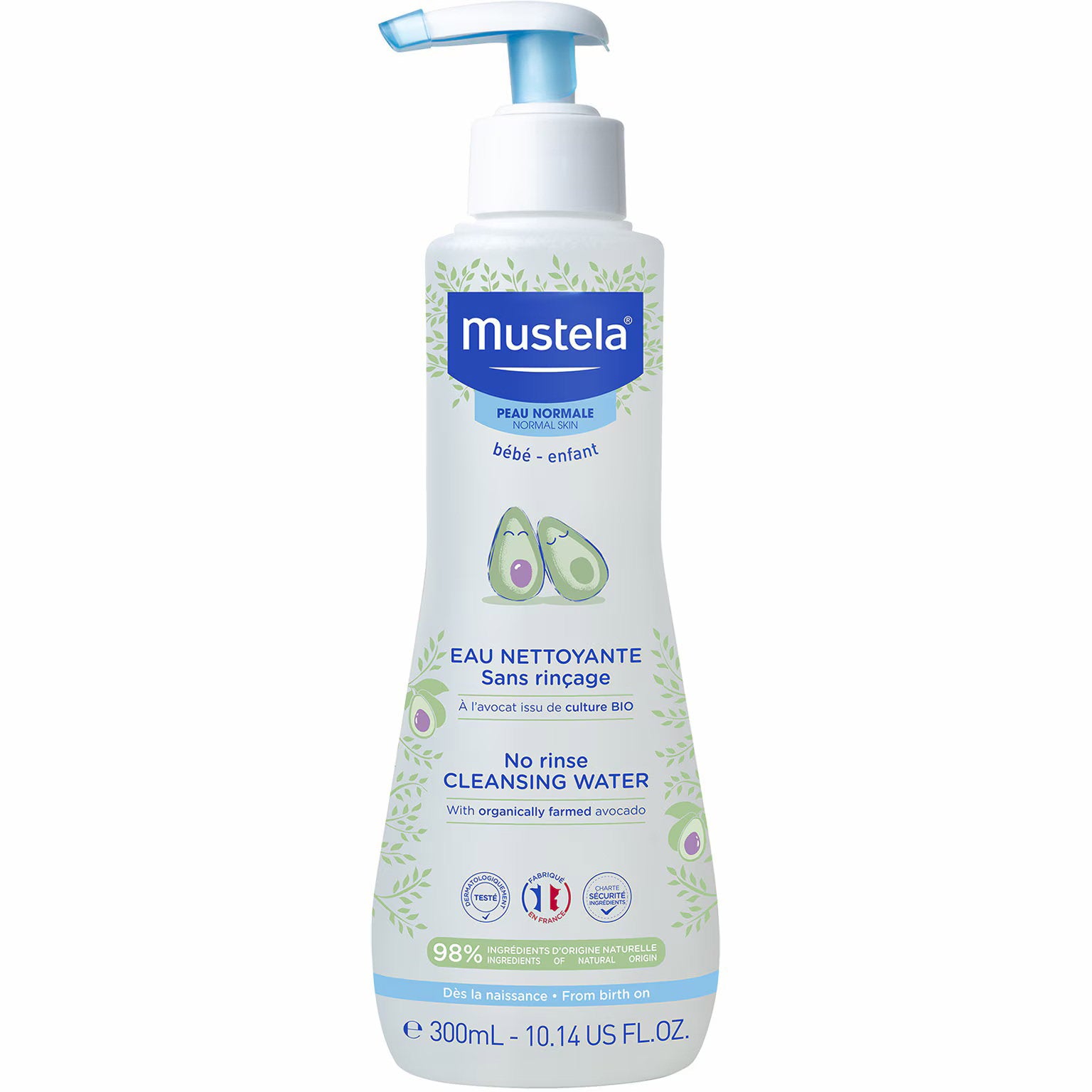 Mustela, No Rinse, Avokado, Soften, Rengöringsvatten, För ansikte, kropp och blöjområde, 300 ml