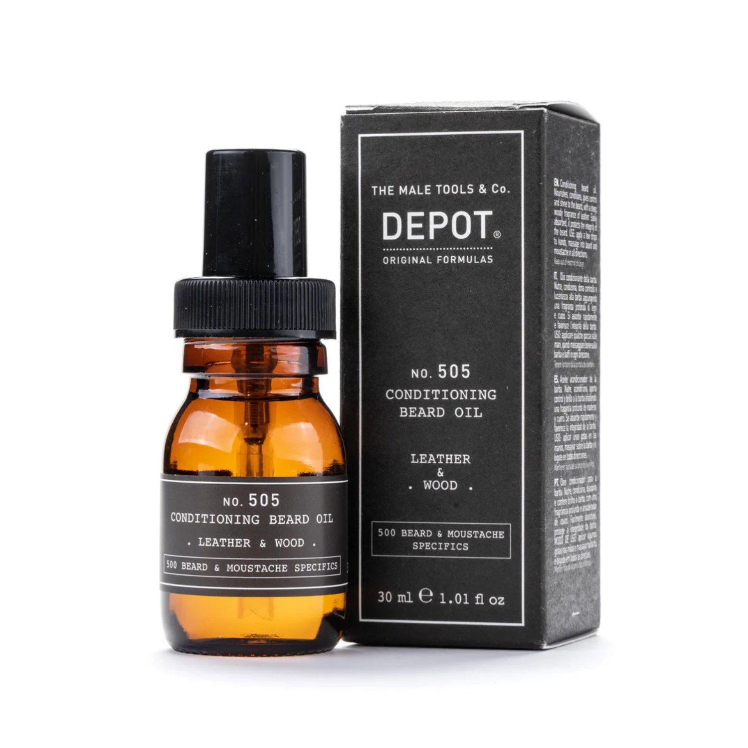 Depot, 500 Beard & Mustache Specifics No. 505, Skäggolja, Läder & trä, För glans och mjukhet, 30 ml