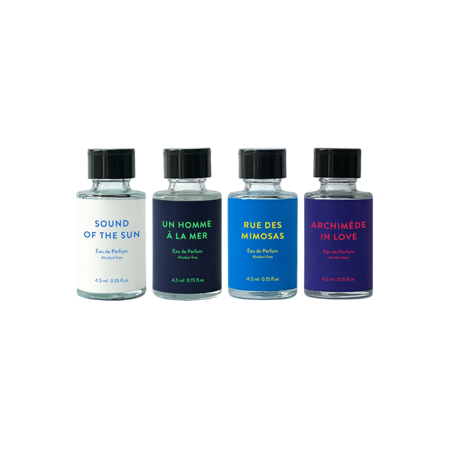 Discovery Set Velvetvelo: Sound Of The Sun, Eau De Parfum, Unisex, 4.5 ml + Un Homme A La Mer, Eau De Parfum, For Men, 4.5 ml + Rue Des Mimosas, Eau De Parfum, Unisex, 4.5 ml + Archimede In Love, Eau De Parfum, Unisex, 4.5 ml