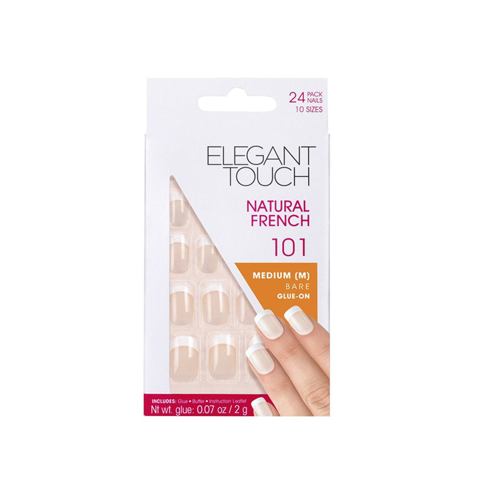 Set, Elegant Touch, Natural French, Kvadrat, Lösnaglar, Bar, 101, Storlek medium, 24 st