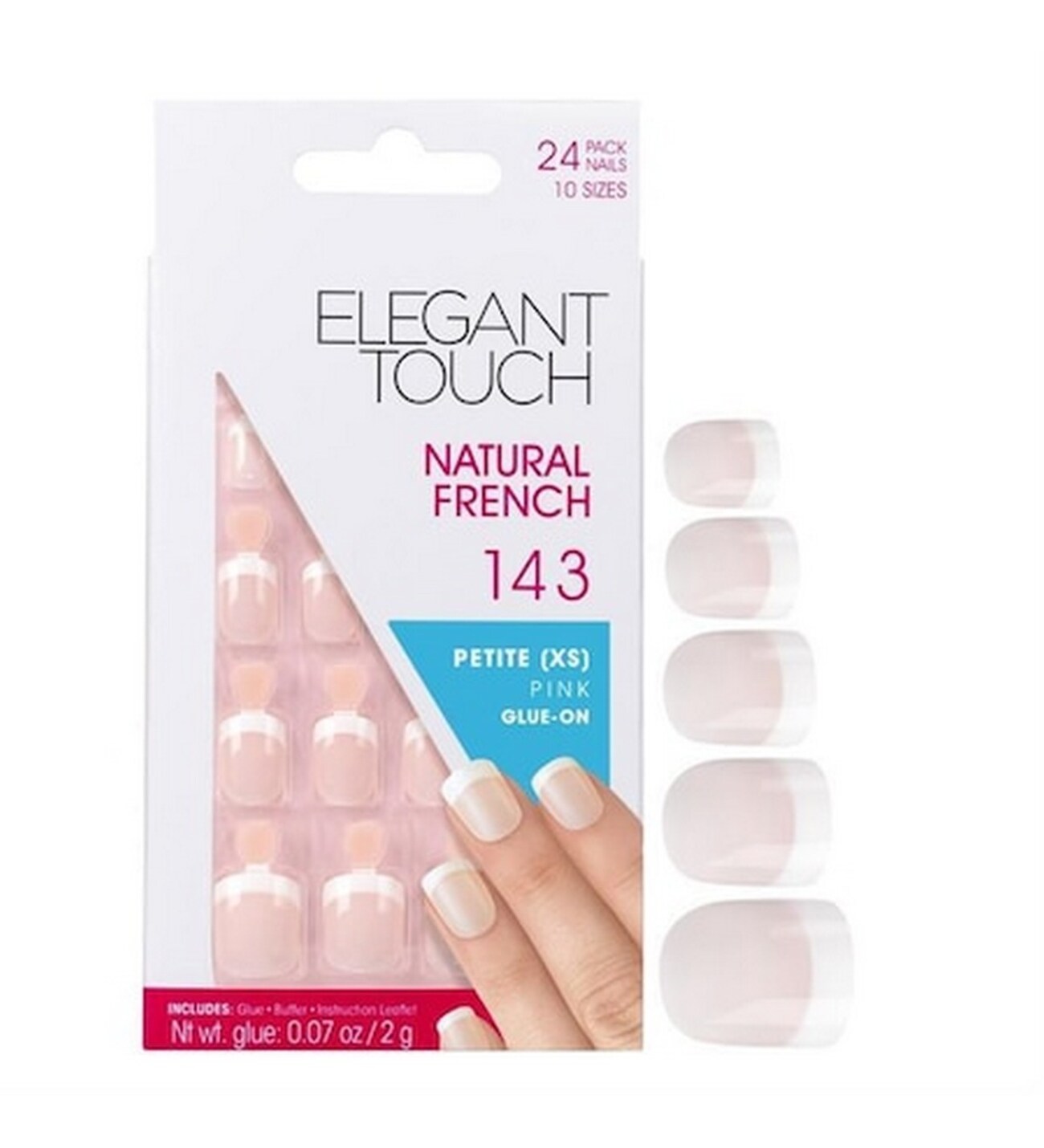 Set, Elegant Touch, Natural French, Kvadrat, Lösnaglar, Rosa, 143, Liten (XS), 24 st