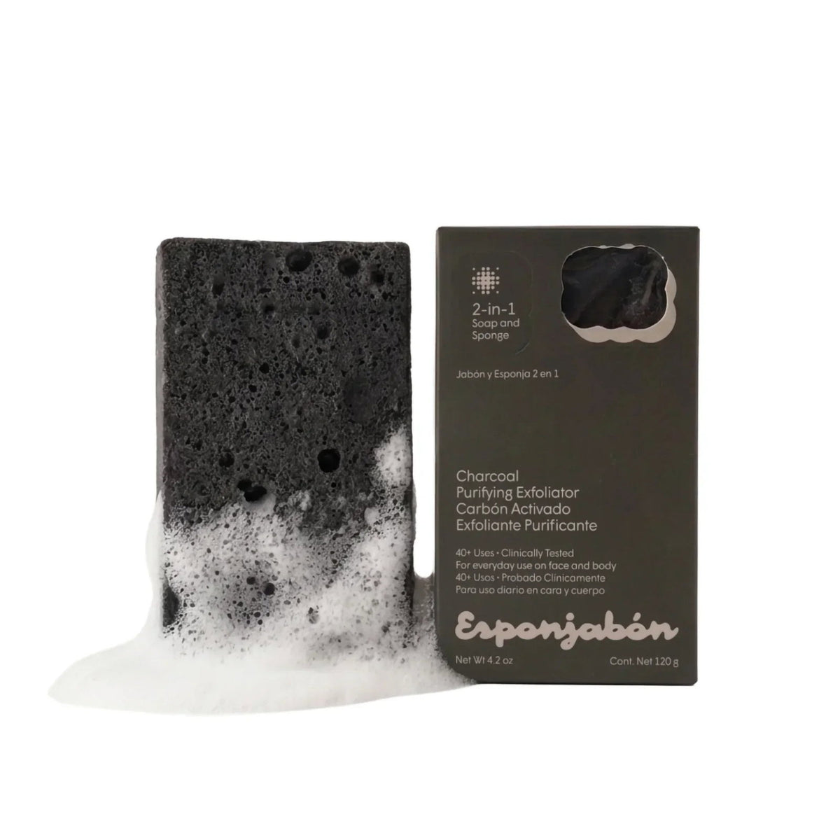 Esponjabon, Charcoal, Exfoliating & Purifying, Tvål och svamp 2-i-1, För ansikte & kropp, 120 g