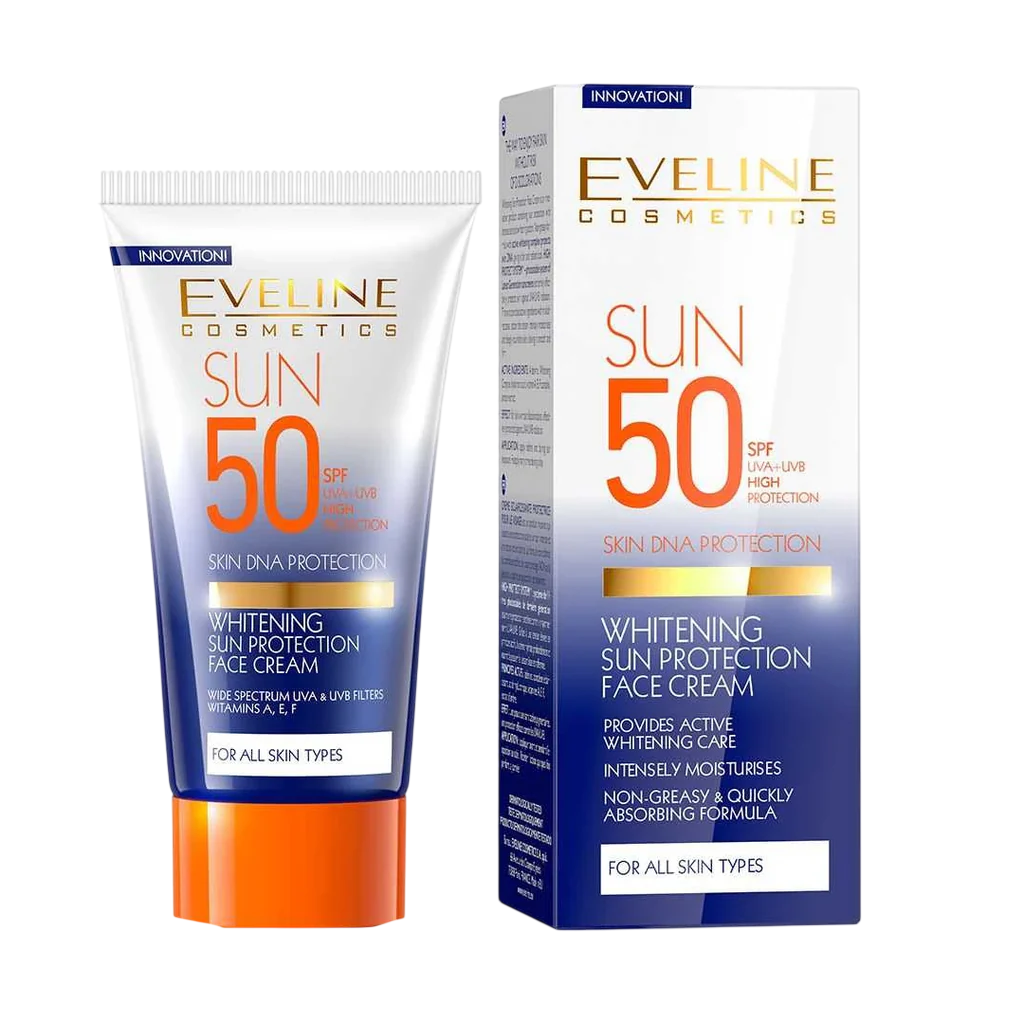 Eveline Cosmetics, Whitening Sun Protection, Hyaluronsyra, Vitgöring, Dagligen, Grädde, För ansiktet, SPF 50, 50 ml