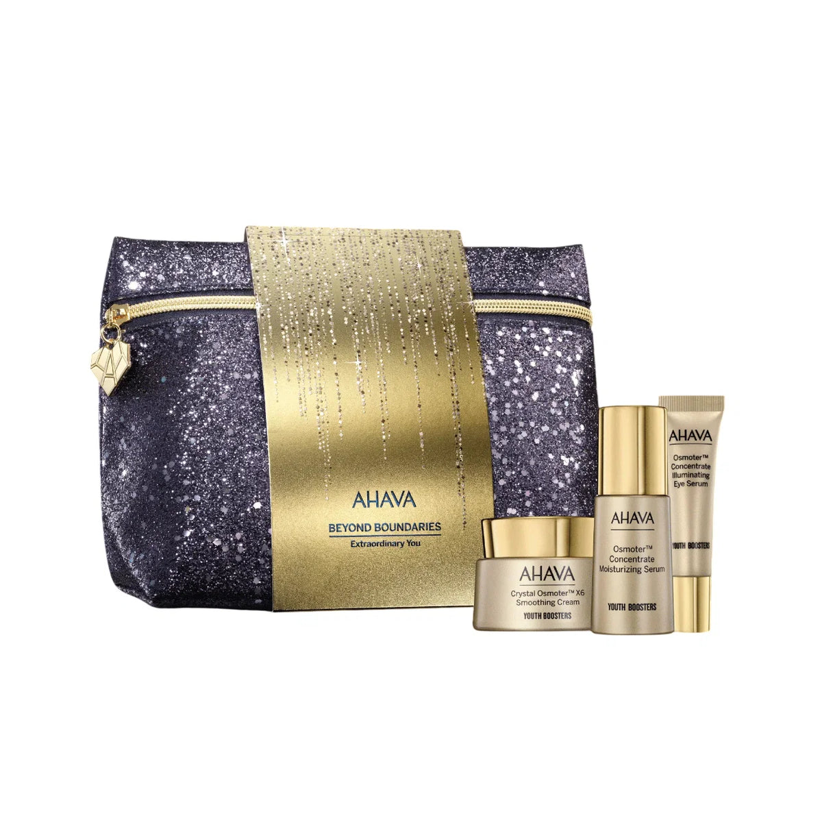 Extraordinary You Set Ahava: Crystal Osmoter X6, utjämnande ansiktskräm, 50 ml + Osmoter Concentrate, lystergivande ögonserum, 15 ml + Osmoter Concentrate, återfuktande ansiktsserum, 30 ml + Ahava, GWP necessär i tyg