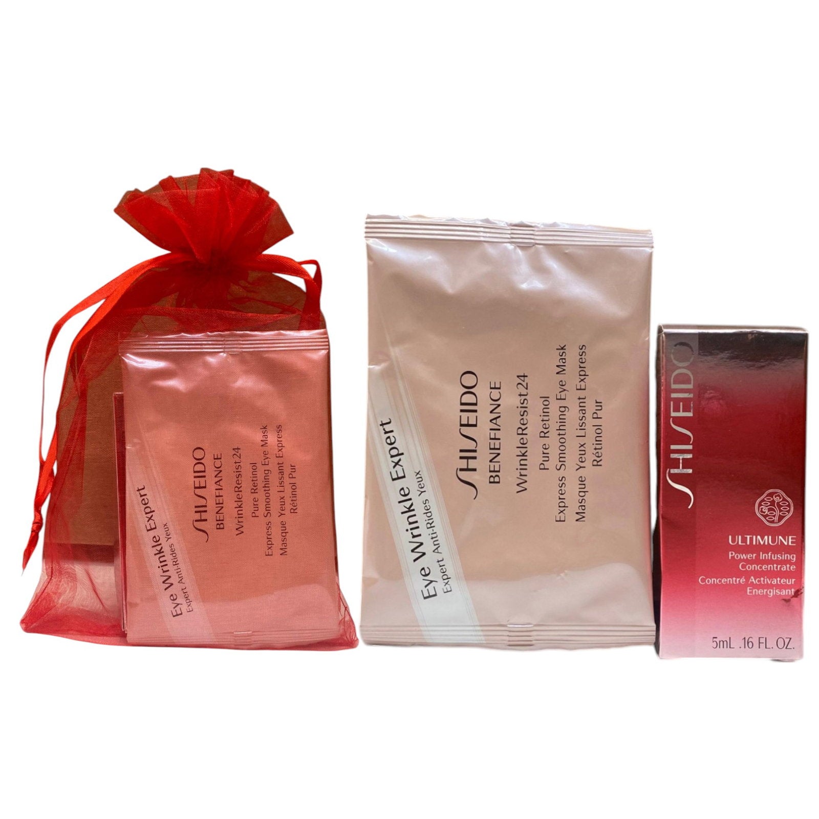 Eye2Eye Set Shiseido: Ultimune Power Infusing, energigivande, serum, för ansiktet, 5 ml + Benefiance WrinkleResist24, Retinol, utjämnande, ögonmask, 2 st