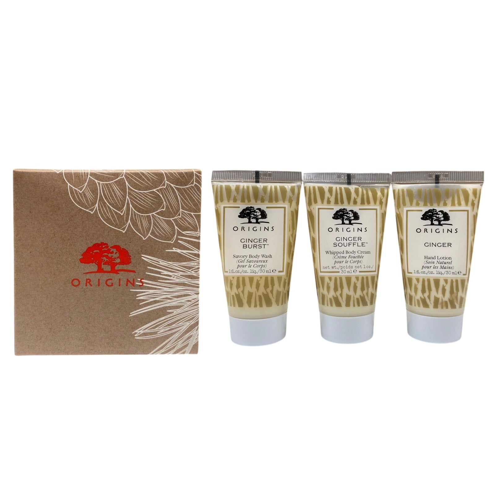 Presentask Origins: Origins, duschkräm, 30 ml + Ginger, närande, handlotion, 30 ml + Ginger Souffle, närande, body cream, 30 ml