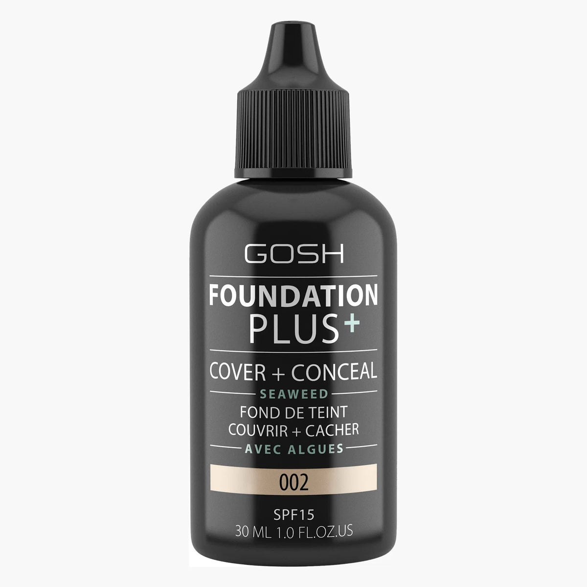 Gosh, Foundation Plus+, Täck och dölja, Flytande foundation, 002, SPF15, 30 ml