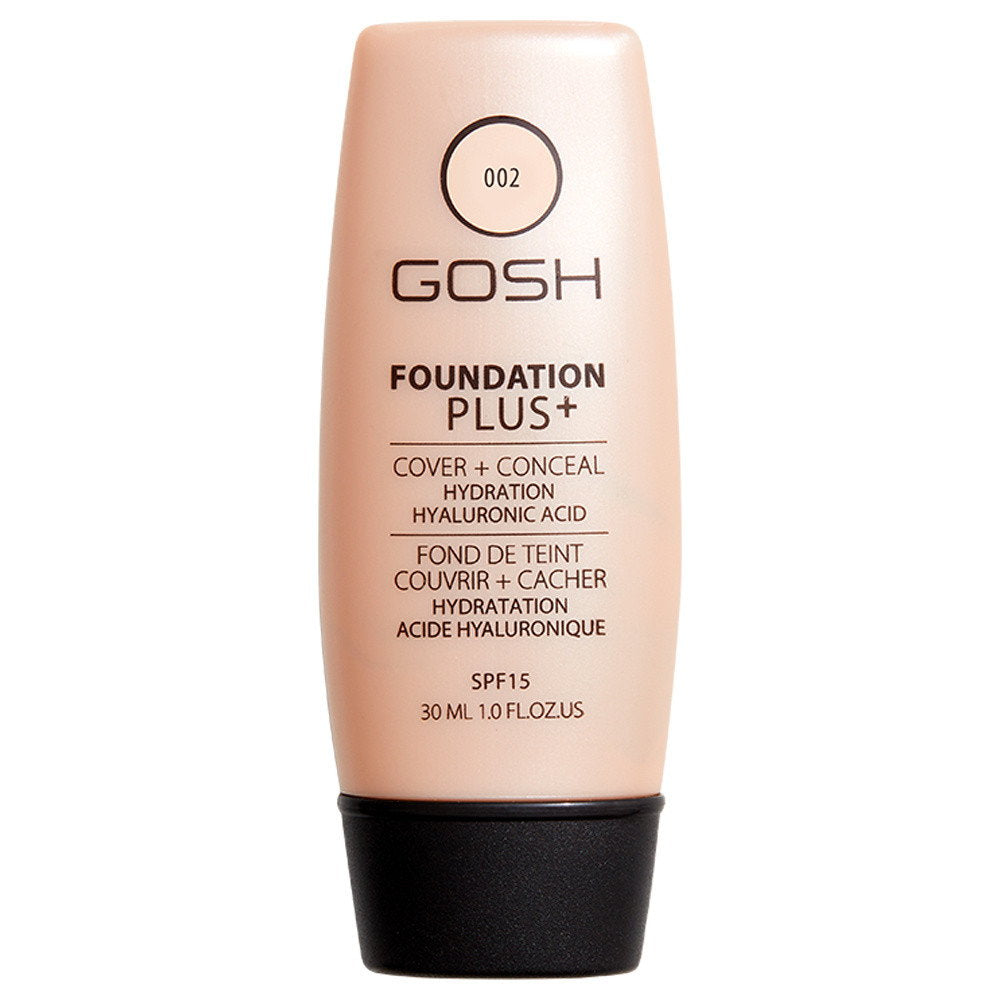 Gosh, Foundation Plus+, Hydrating, Brightening & Covering, Flytande foundation, 002, Elfenben, SPF 15, 30 ml