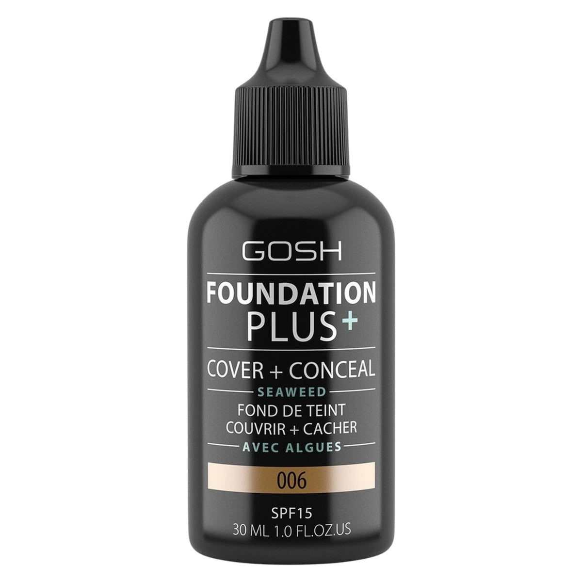 Gosh, Foundation Plus+, Cover & Conceal, Flytande foundation, 006, Honung, SPF15, 30 ml