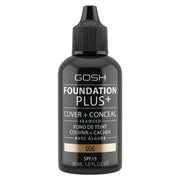 Gosh, Foundation Plus+, Cover & Conceal, Flytande foundation, 006, Honung, SPF15, 30 ml