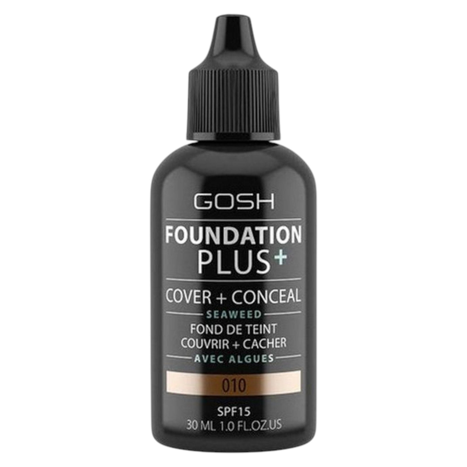 Gosh, Foundation Plus+, Cover & Conceal, Flytande foundation, 010, Solbränna, SPF15, 30 ml