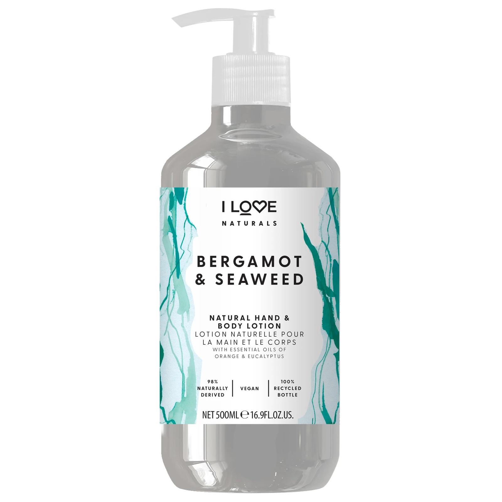 I Love, Naturals Collection, Vegan, Återfuktande, Bergamott & Sjögräs, Lotion, För händer & kropp, 500 ml