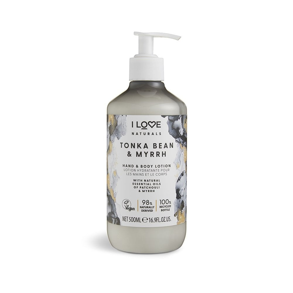 I Love, Naturals Collection, Vegan, Återfuktande och mjukgörande, Tonkaböna & Myrra, Lotion, För händer & kropp, 500 ml