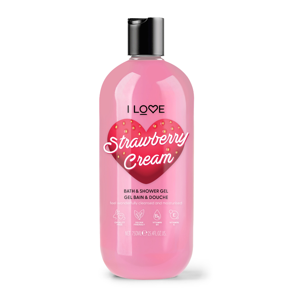 I Love, Strawberries & Cream, Återfuktande, Duschgel, För alla hudtyper, 750 ml