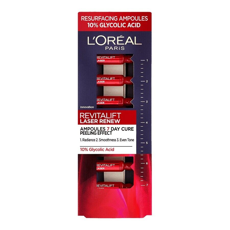 Set, L'Oreal Paris, Revitalift Laser Renew, Glykolsyra, Skalning, Ampullbehandlingsserum, För ansiktet, För kvinnor, 7 st, 1 ml