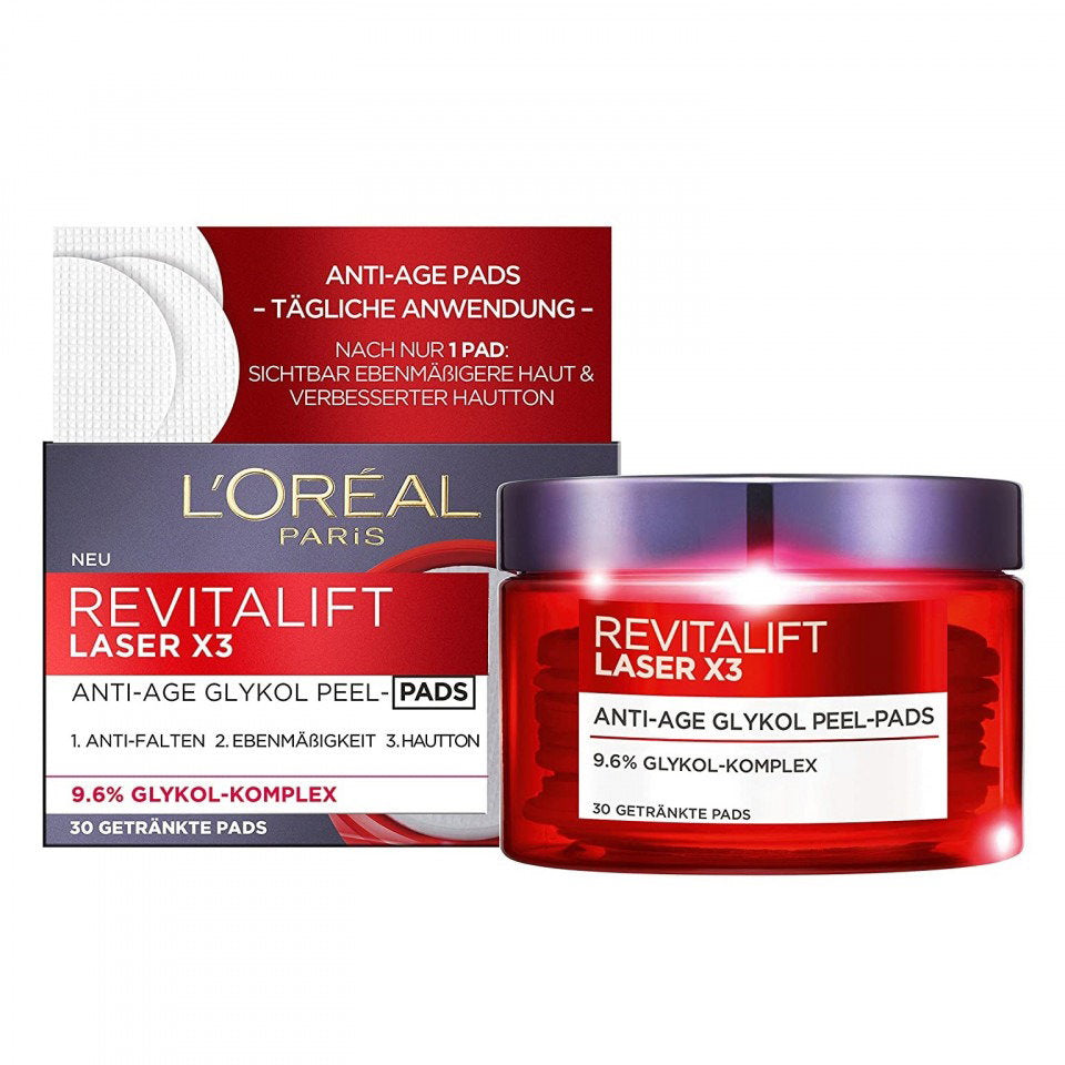 L'Oreal Paris, Revitalift Laser X3, Glykolsyra, Anti-aging, Peel-off pads, 30 st