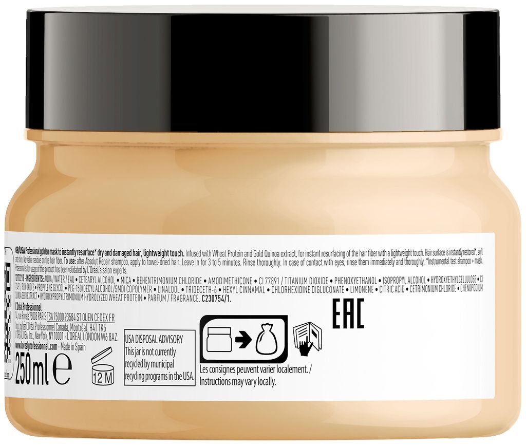 L'Oreal Professionnel, Serie Expert Absolut Repair Golden, Protein + Guld quinoa, Hårbehandlingskräm mask, Omedelbar ytbehandling, 250 ml