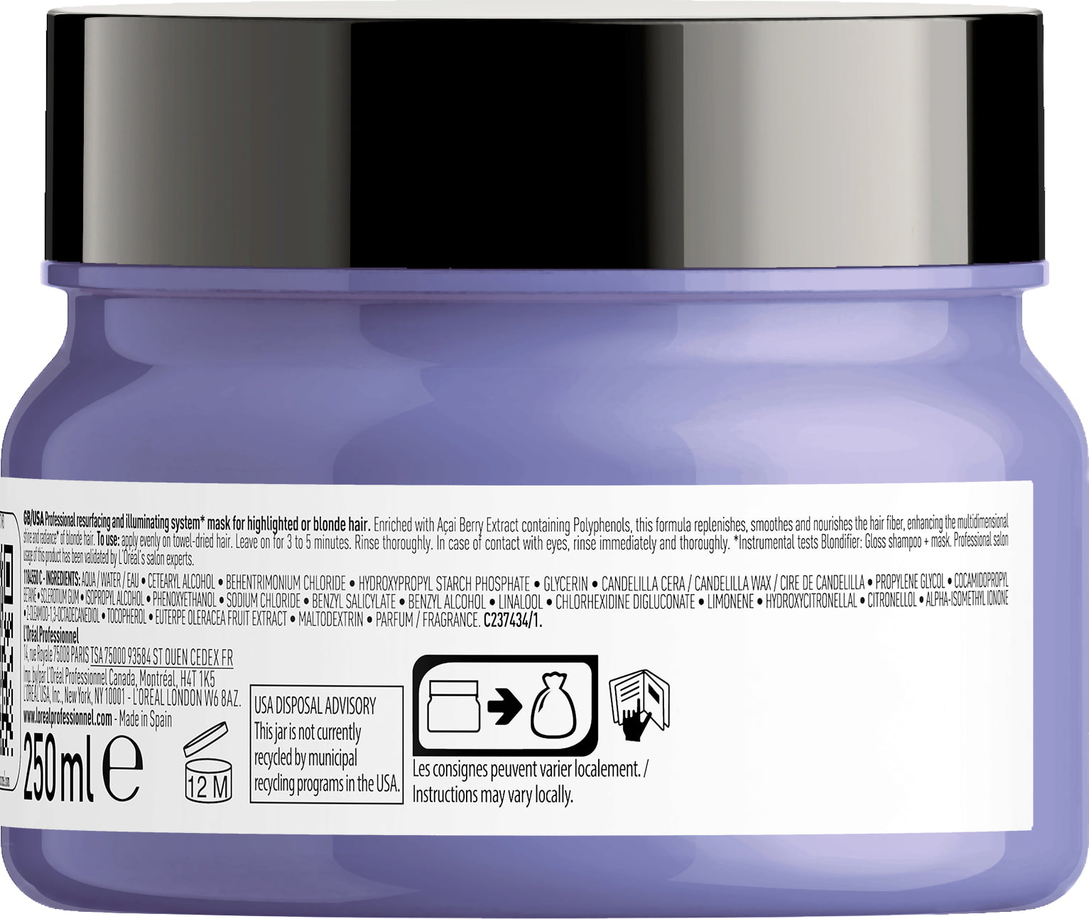 L'Oreal Professionnel, Serie Expert Blondifier, Acai-polyfenoler, Hårbehandlingskräm mask, Återskapande och belysning, 250 ml