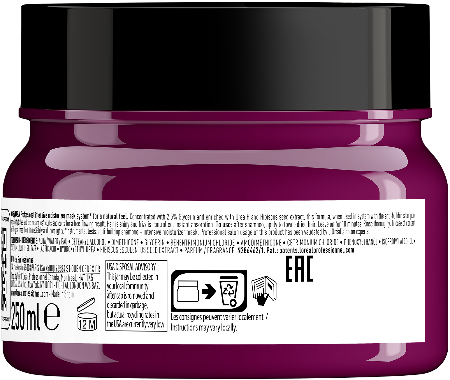 L'Oreal Professionnel, Serie Expert Curl Expression, Glycerin 2,5% + Urea H + Hibiskusfrön, Hårbehandlingskräm mask, Intensiv återfuktning, 250 ml