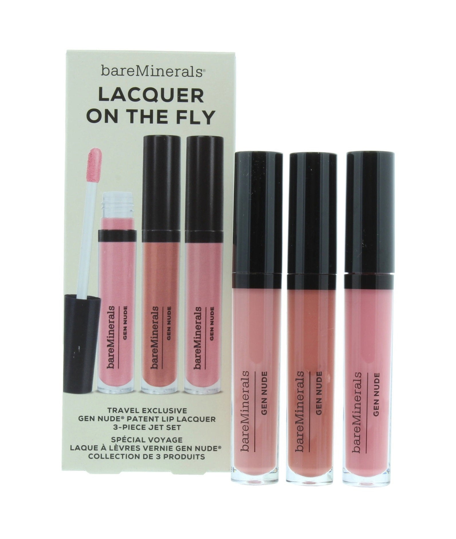 Lacquer On The Fly Set BareMinerals: Gen Nude, flytande läppstift, Cant Even, 3,7 ml + Gen Nude, flytande läppstift, Dahling, 3,7 ml + Gen Nude, flytande läppstift, Major, 3,7 ml