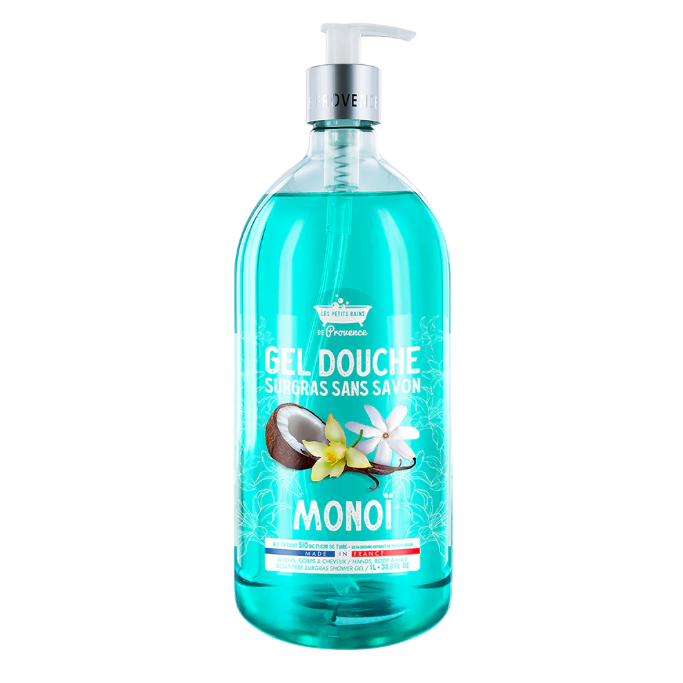Les Petites Bains de Provence, Monoi, Duschgel, För kropp, ansikte & hår, För känslig hud, 1000 ml