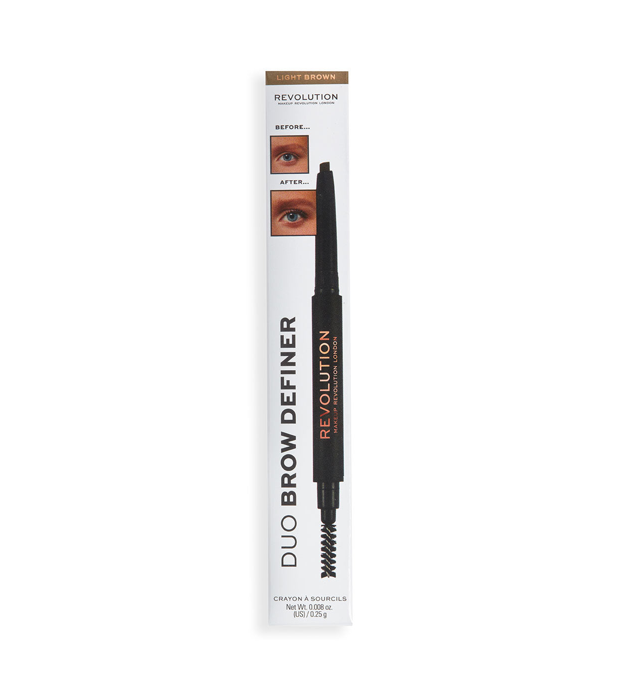 Makeup Revolution, Duo Brow Definer Pencil, Ögonbrynskräm penna & borste 2-i-1, Ljusbrun, 0.25 g