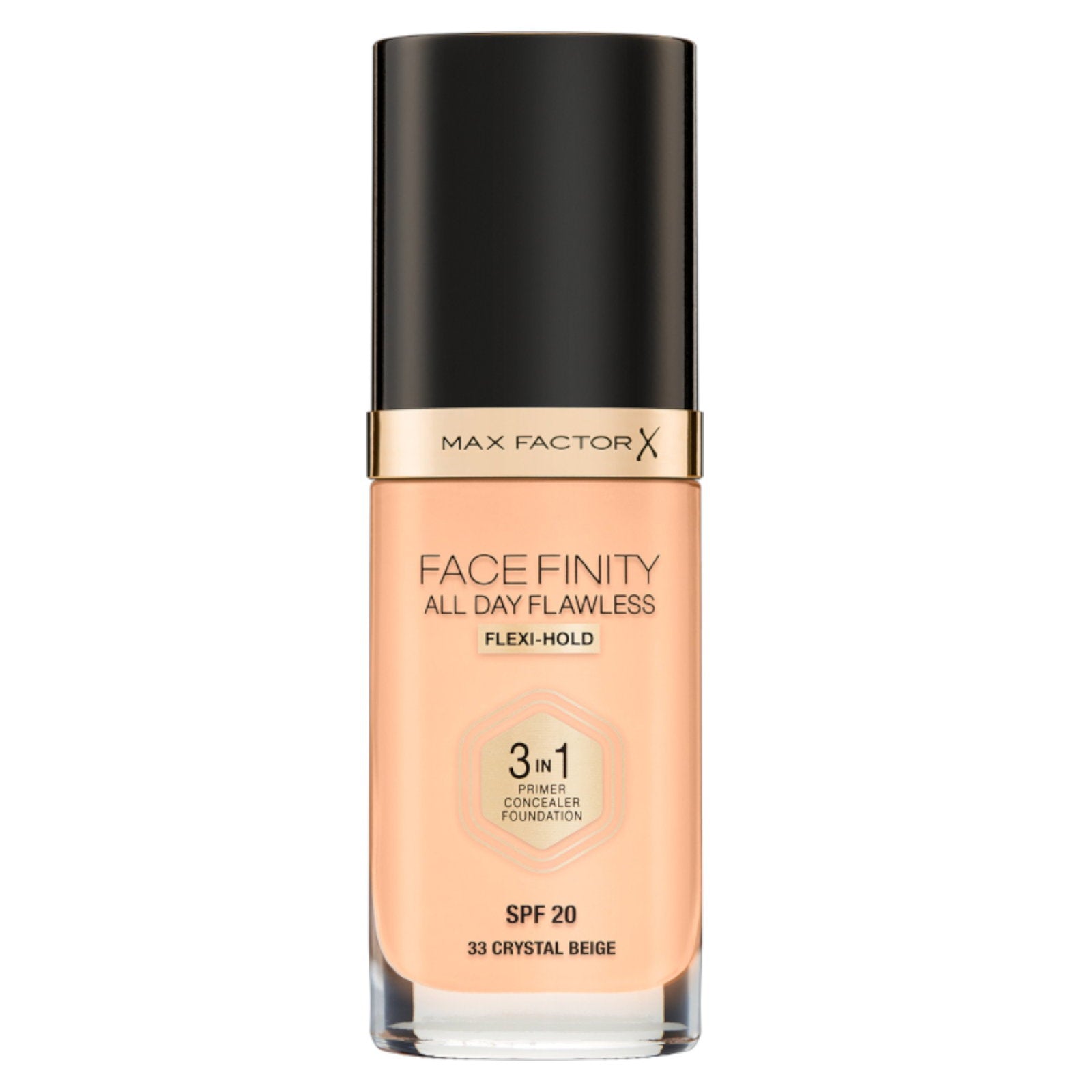 Max Factor, Facefinity All Day Flawless, Vegan, Matt, Primer, concealer och foundation 3-i-1, 33, Kristallbeige, SPF 20, 30 ml