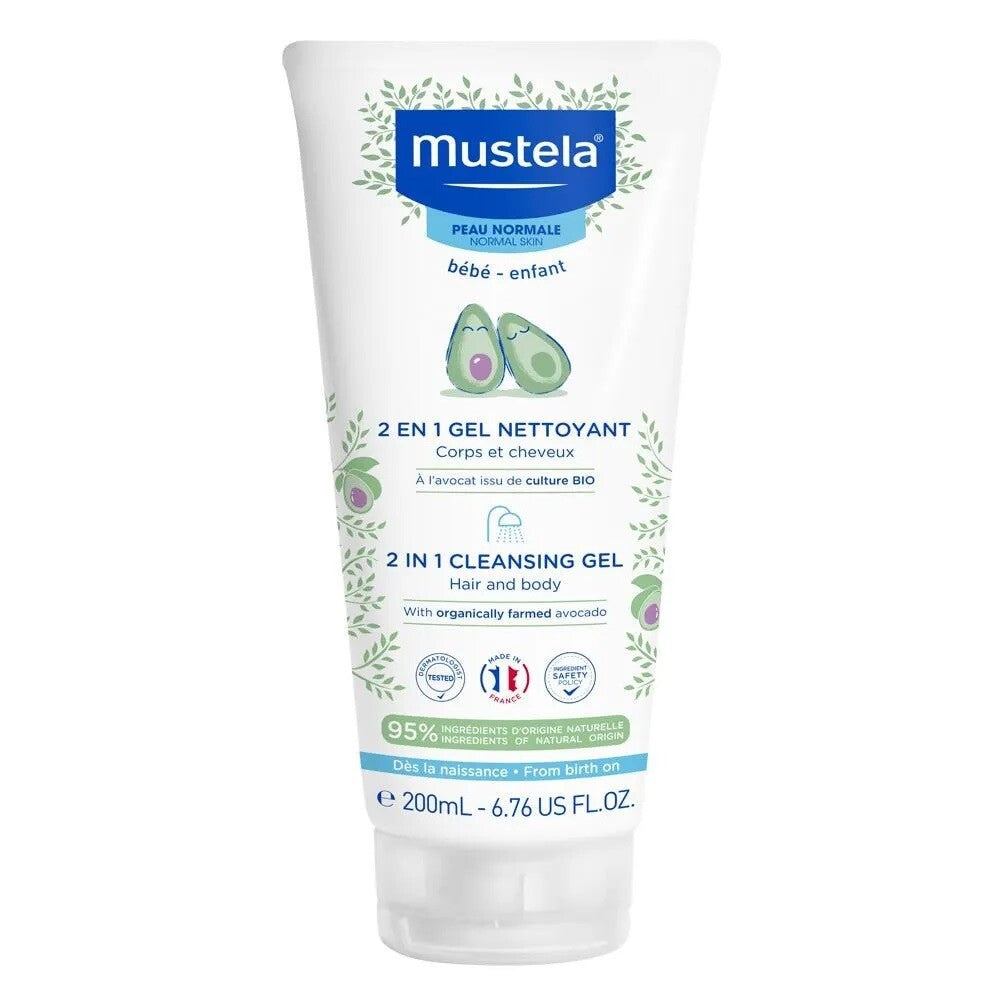 Mustela, 2 In 1, Avokado, Mild rengöring, Rengöringsgel, För ansikte & hår, 200 ml