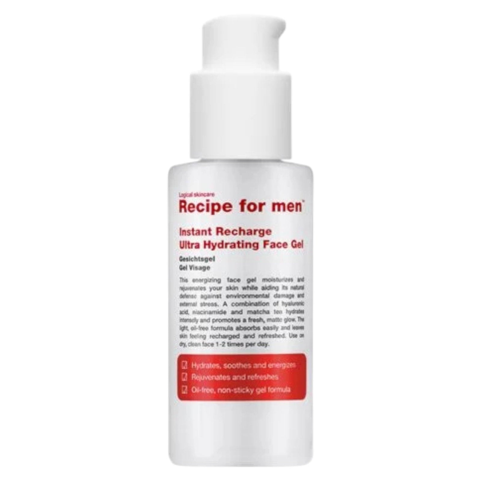 Recipe For Men, Instant Recharge, Hyaluronsyra, Återfuktar, Gel, Ansikte, 75 ml