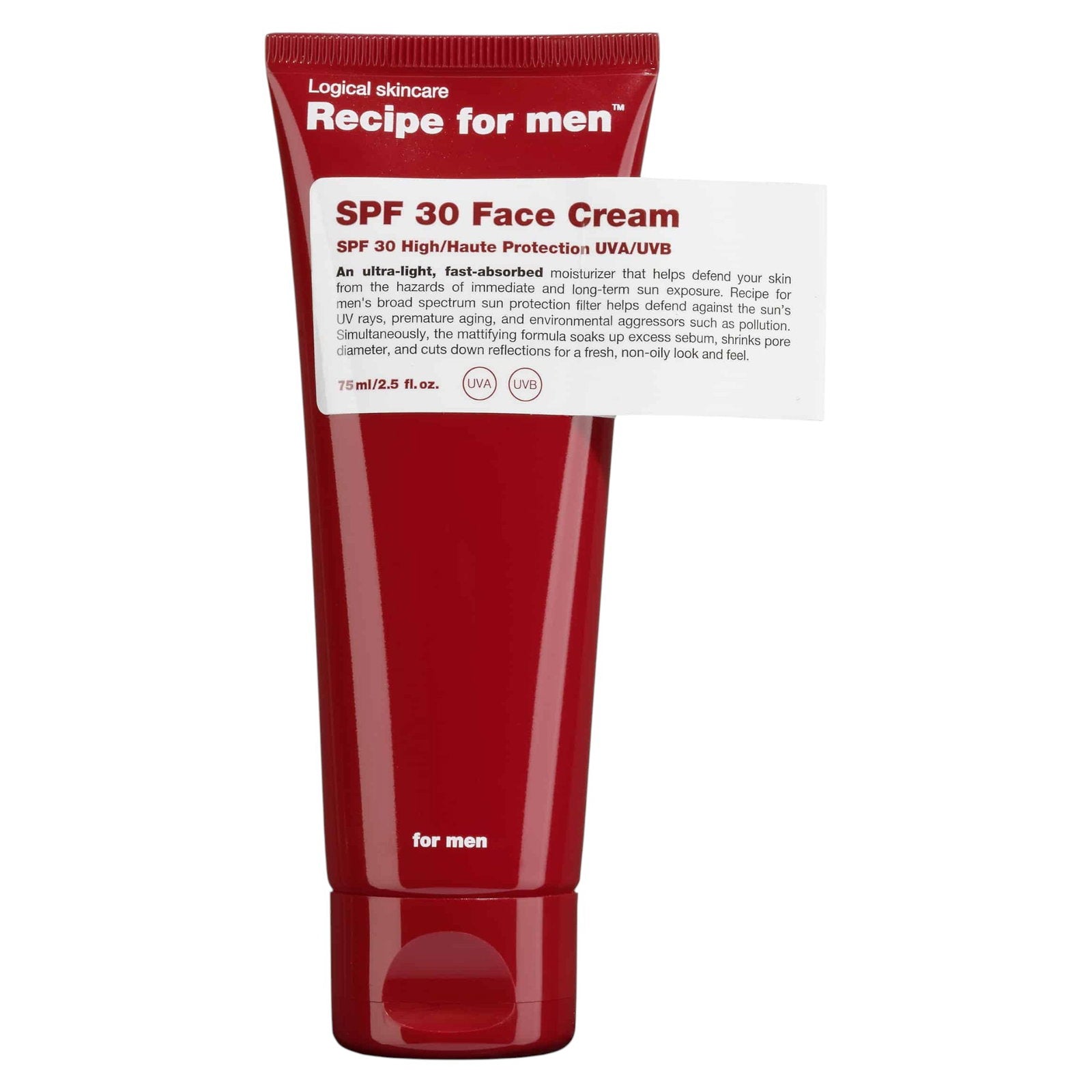 Recipe For Men, SPF 30 Face Cream, Fuktighetskräm, Grädde, För ansiktet, SPF30, 75 ml