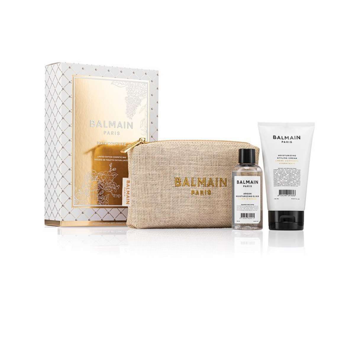 Set Balmain Professionnel: Argan Moisturising Elixir, Hair Oil, For Nourishing, 100 ml + Moisturizing, Hair Styling Cream, 150 ml + Balmain Professionnel, GWP Textile Pouch, Light Brown