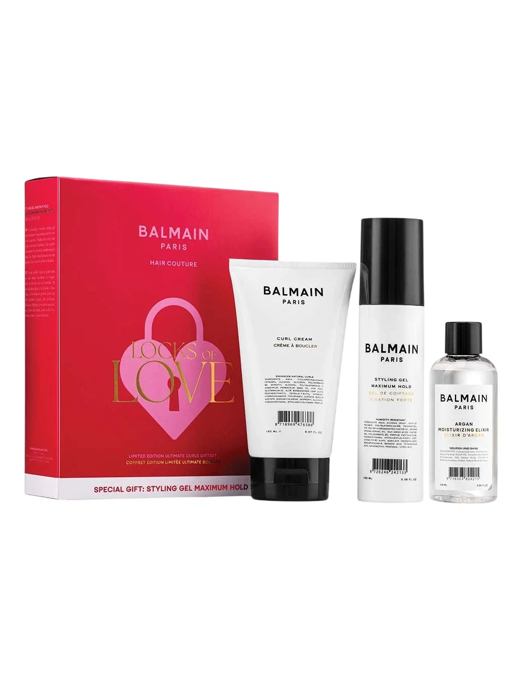 Locks of Love Set Balmain Professionnel: Balmain Professionnel, Hair Styling Cream, Light Hold, 150 ml + Balmain Professionnel, Panthenol, Hair Styling Gel, For Styling, Strong Hold, 100 ml + Argan Moisturising Elixir, Hair Oil, For Nourishing, 100 ml
