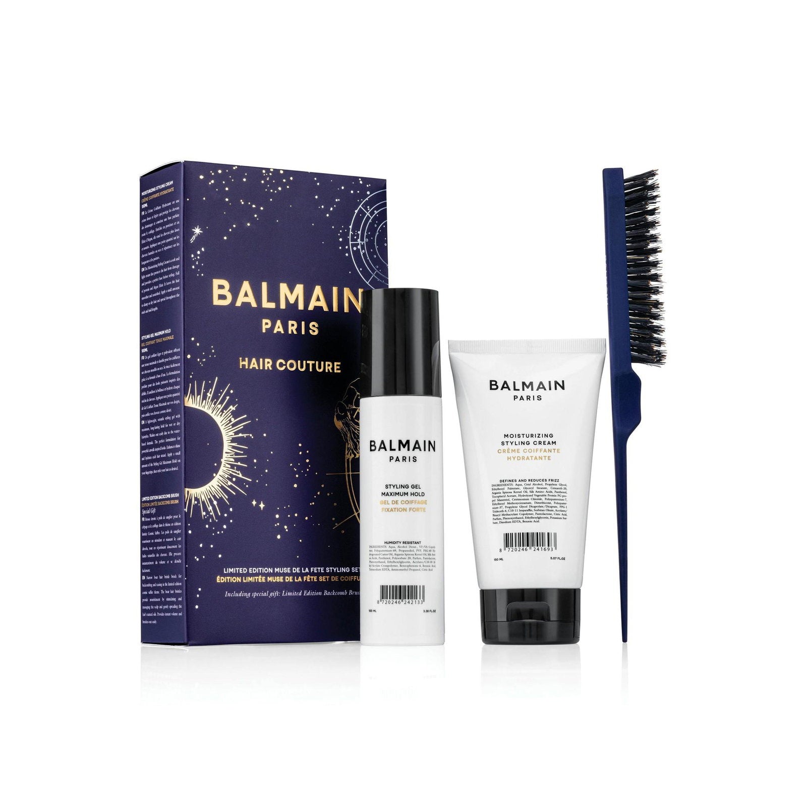 Set Balmain Professionnel: Balmain Professionnel, Panthenol, Hair Styling Gel, For Styling, Strong Hold, 100 ml + Moisturizing, Hair Styling Cream, 150 ml + Backcomb, Hair Brush