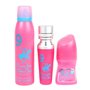 Set Beverly Hills Polo Club: No. 9, Eau De Parfum, För dam, 50 ml + No. 9, Antiperspirant, Deodorant Roll-On, För dam, 50 ml + 1982 - Sport 9, Freshness, Body Spray, 150 ml