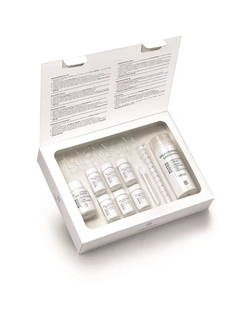 Set Bruno Vassari: Glyco System, Eliminerar orenheter, Exfolierande pulver, 6 st, 0,30 g + Glyco System, Skyddar & Återfuktar, Kräm, För ansiktet, SPF 25, 30 ml