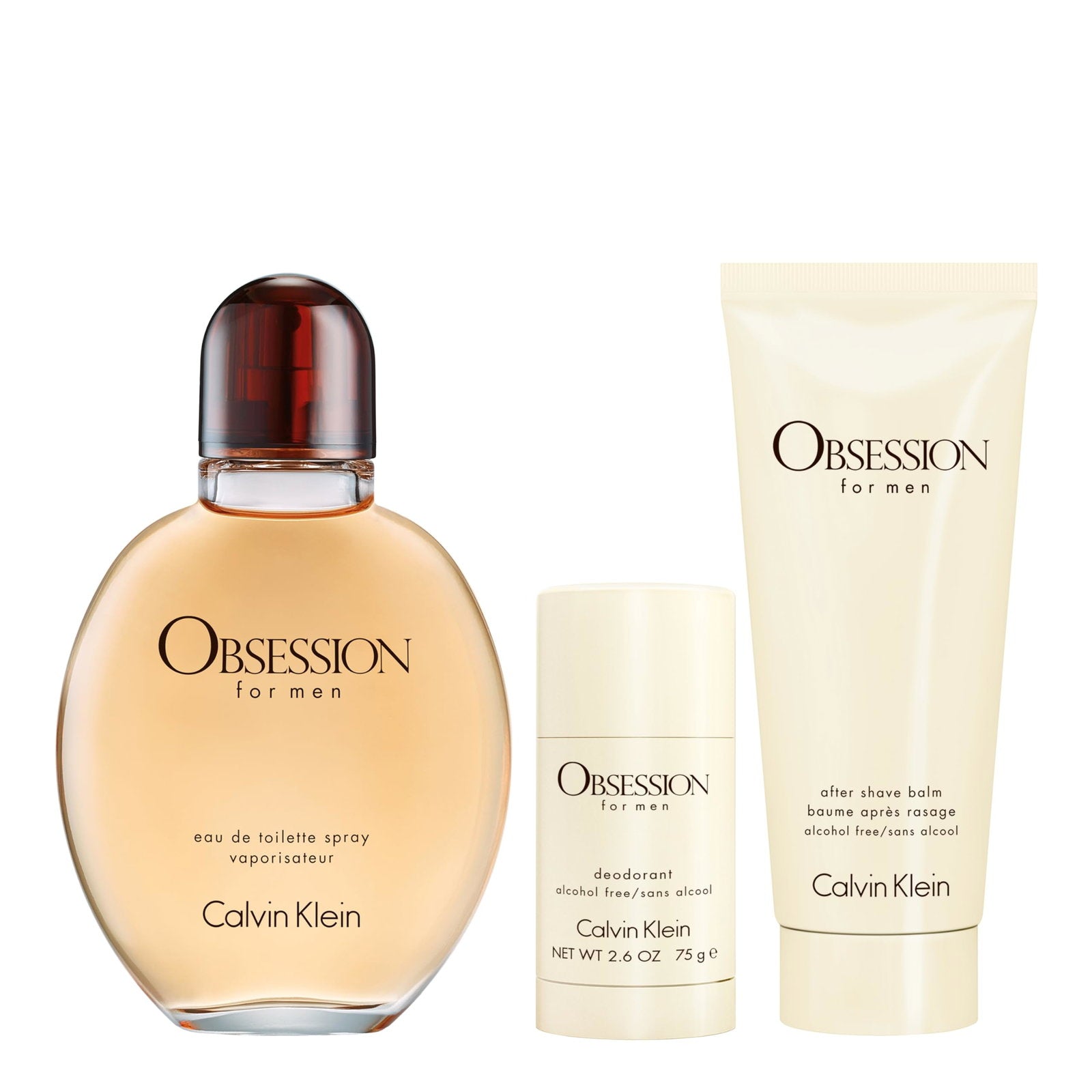 Set Calvin Klein: Obsession, Eau De Toilette, For Men, 125 ml + Obsession, Calming, After-Shave Balm, 100 ml + Obsession, Anti-Sweat, Deodorant Stick, For Men, 75 g